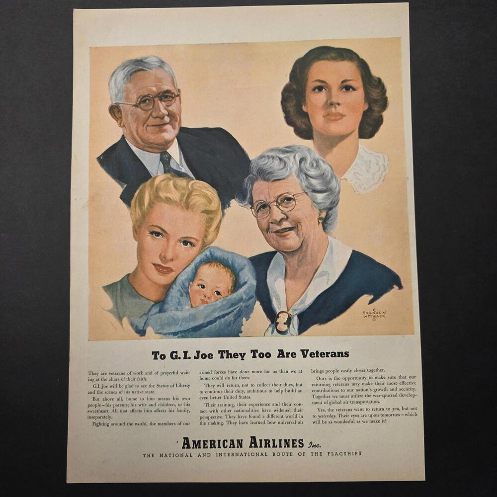 1945 American Airlines WWII Vintage Print Ad GI Joe Veterans Aviation Art